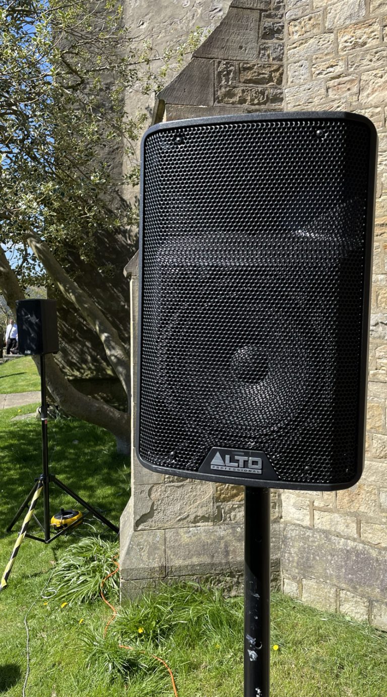Funeral Outside Speaker hire for Sound Relay Funeral Morecambe, Ulverston, Garstang, Ingleton, Settle, Lancashire, Cumbria,